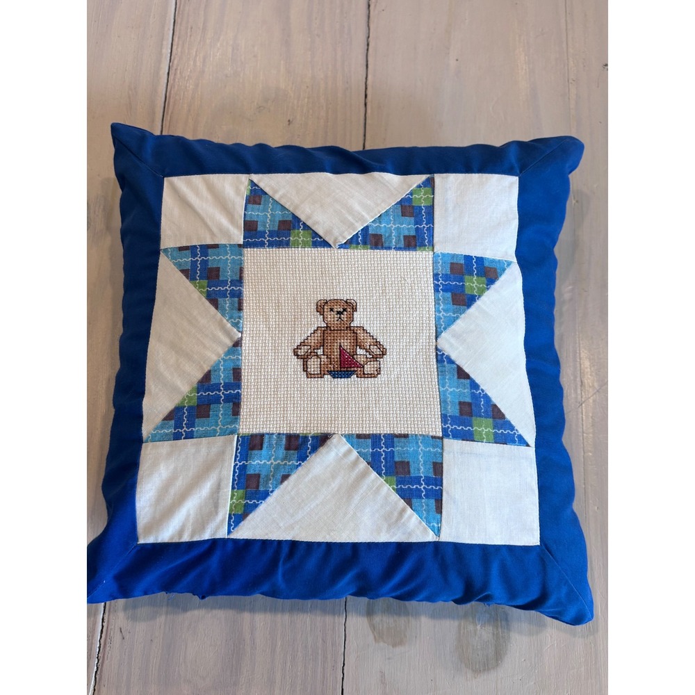 Vintage Handmade Quilted Teddy Bear Cross Stitch Star Patchwork Pillow Blue 12in